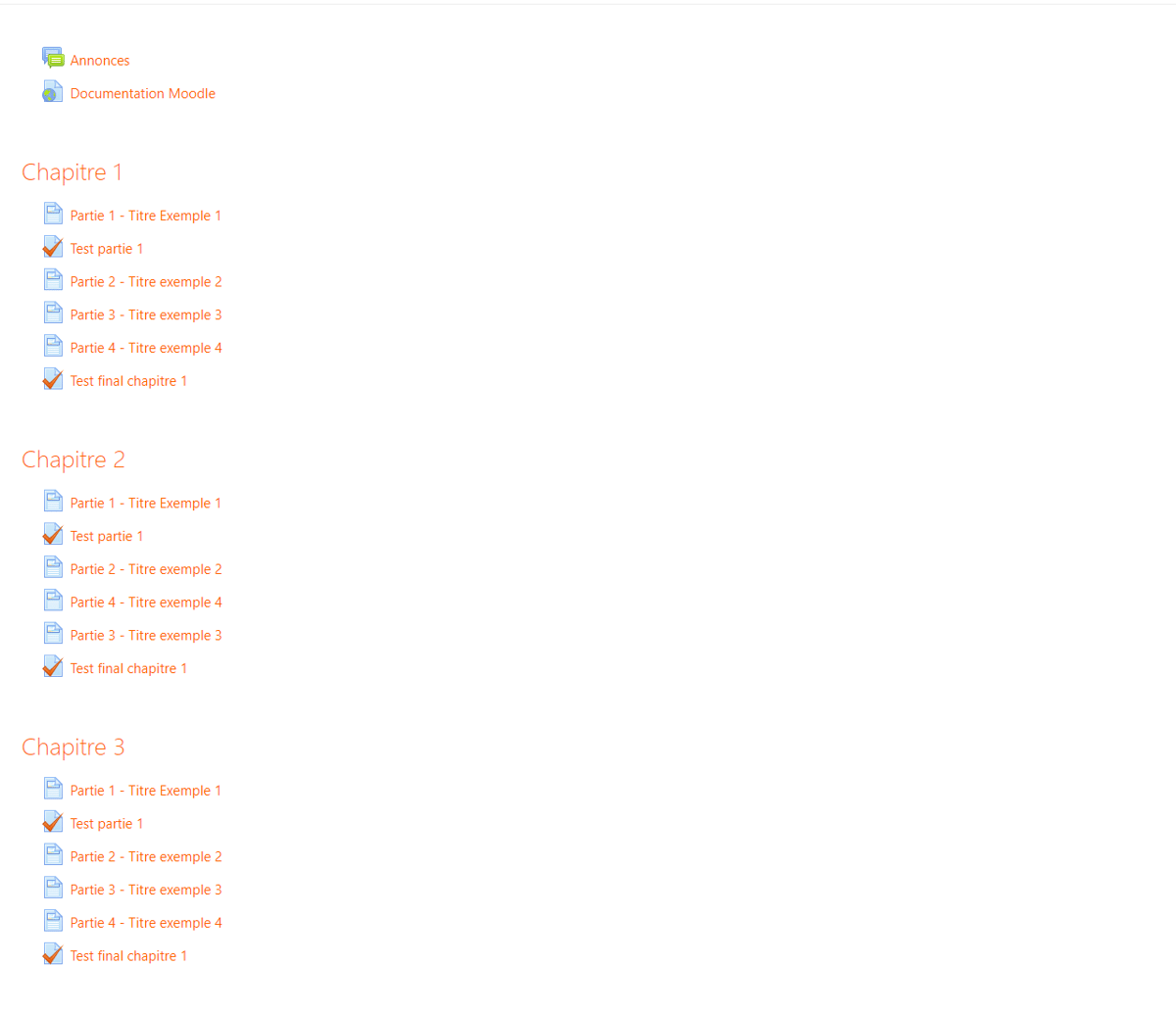 Capture d'écran du chapitrage sur Moodle