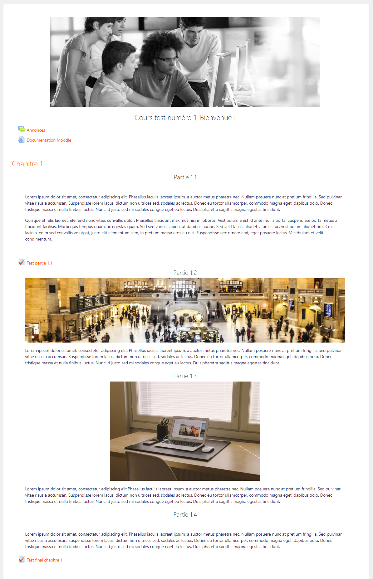 Capture d'écran du chapitrage mis en page sur Moodle