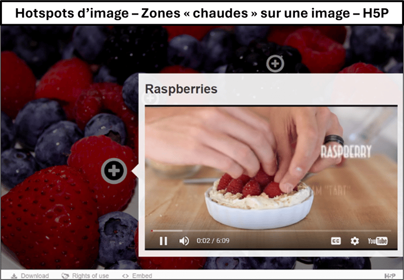 Image présentant la fonctionnalité hotspot d'H5P avec une image de fruits rouges comprenant une info-bulle avec une vidéo-recette d'une tarte aux fruits rouges.