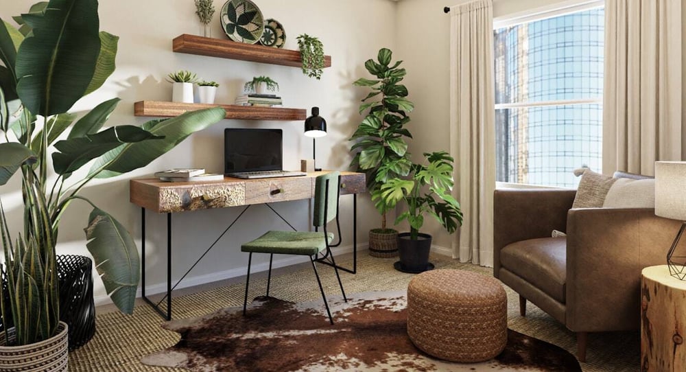 Bureau aux couleurs boisées et de quelques plantes pour l'accompagner