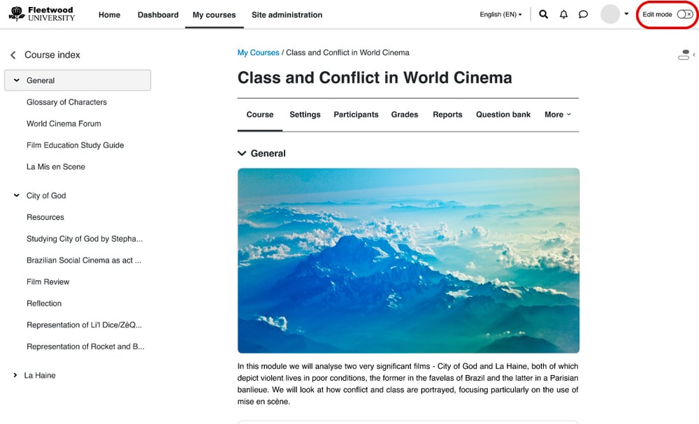 Capture d'écran du nouveau bouton du mode édition de Moodle 4.0 sur la plateforme de Fleetwood University