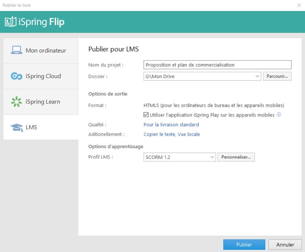 Capture d'écran de l'interface de publication du livre sur iSpring Suite