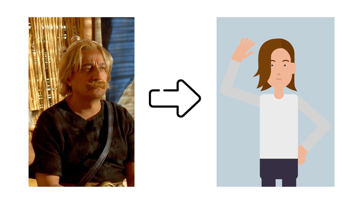Comparatif d'une photo de Christian Clavier en Astérix et du personnage généré à partir de la photo via Vyond