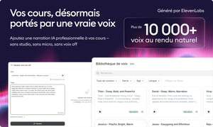 capture d'écran d'ispring suite et de l'éditeur voix off ElevenLabs