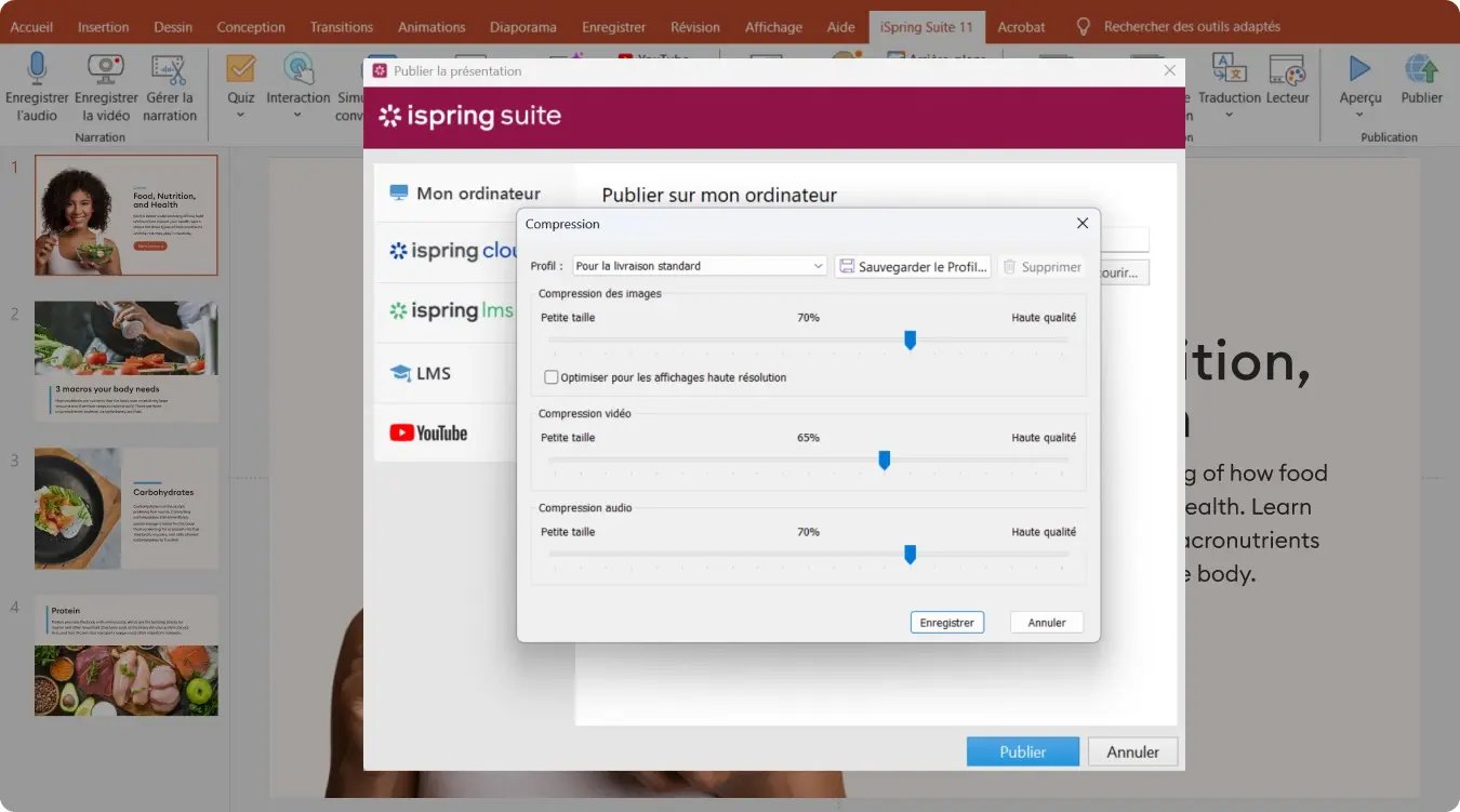 Capture d'écran d'iSpring Suite et de l'interface d'export.