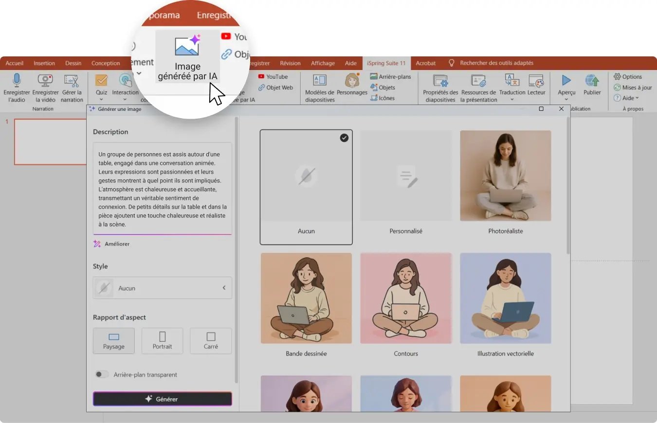 capture d'écran d'ispring suite et de la nouvelle fonction générateur d'image avec IA