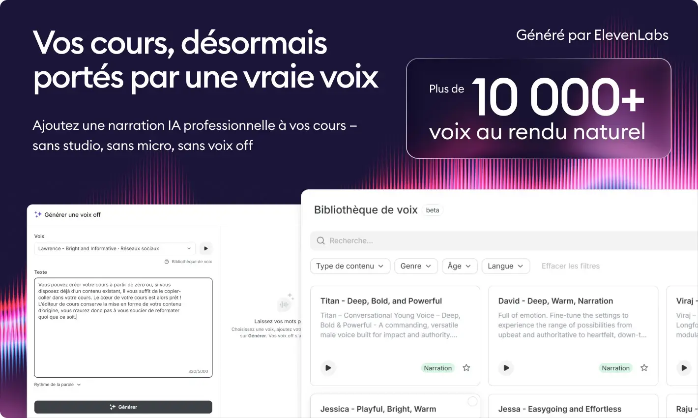 capture d'écran d'ispring suite et de l'éditeur voix off ElevenLabs